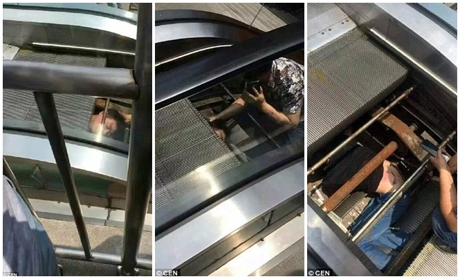 Imagens chocantes mostram momento em que técnico de manutenção é sugado para dentro de escada rolante